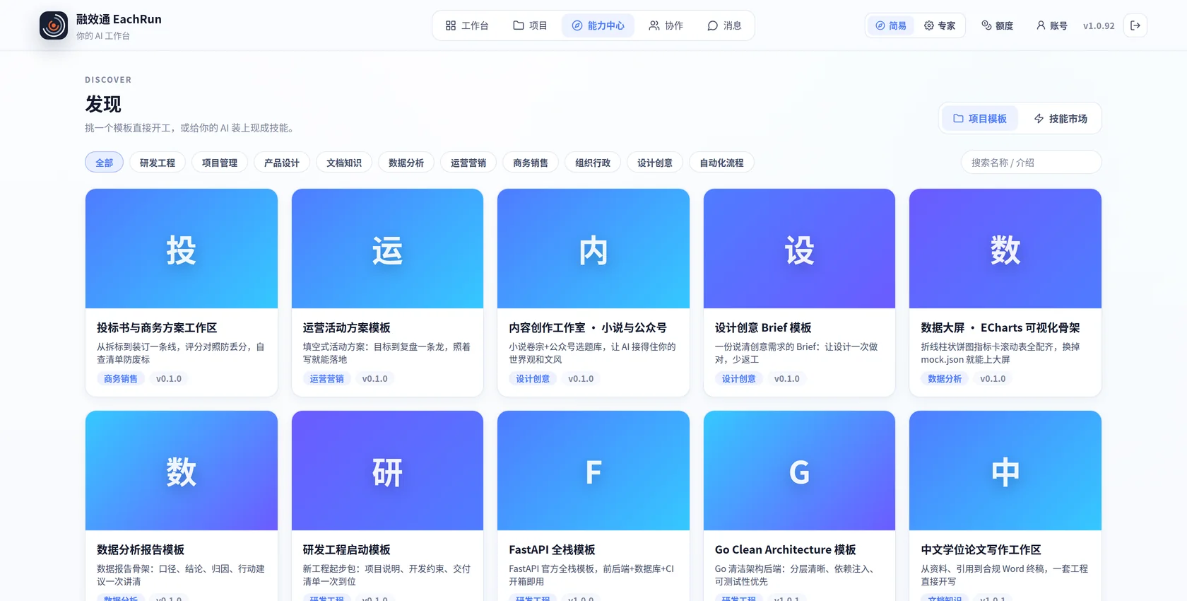 Project template library grouped by engineering, project management, product design, data analysis, sales and operations